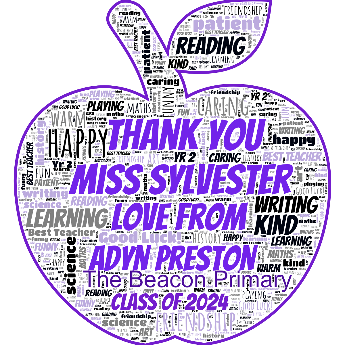 Word cloud in an Apple shape with 19 words like happy, friendship and kind in multicolor.