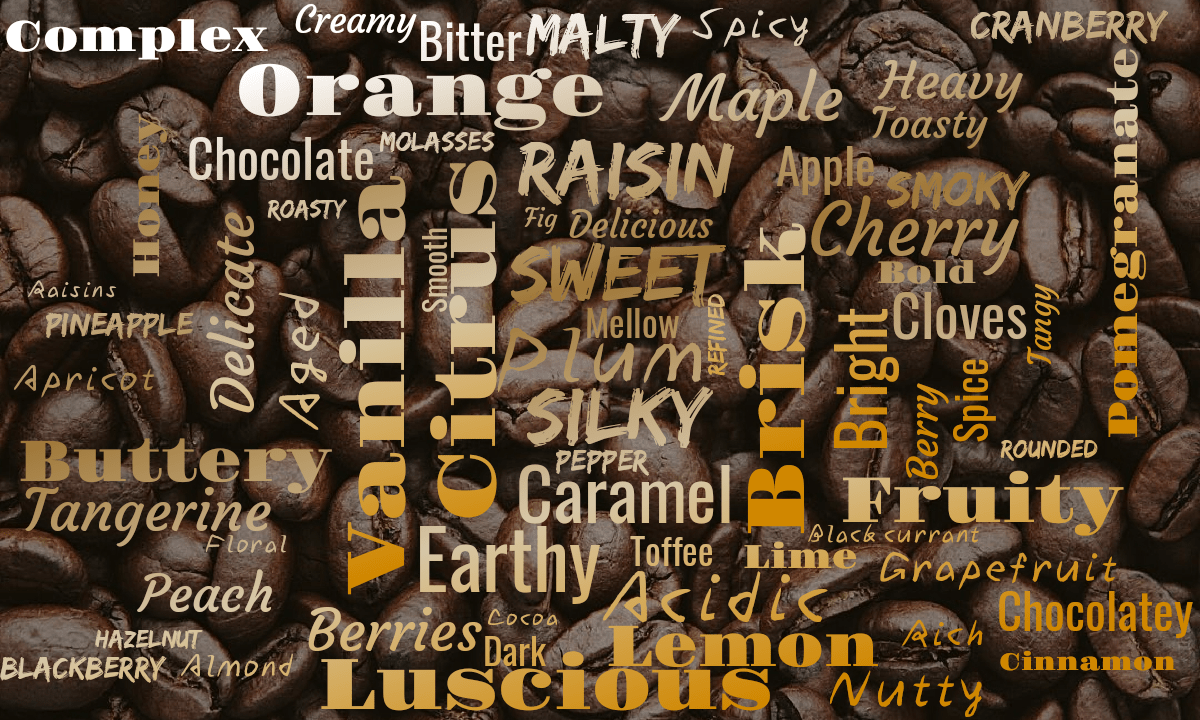 Word cloud with 67 words like Nutty, Acidic and Spicy in white and orange.