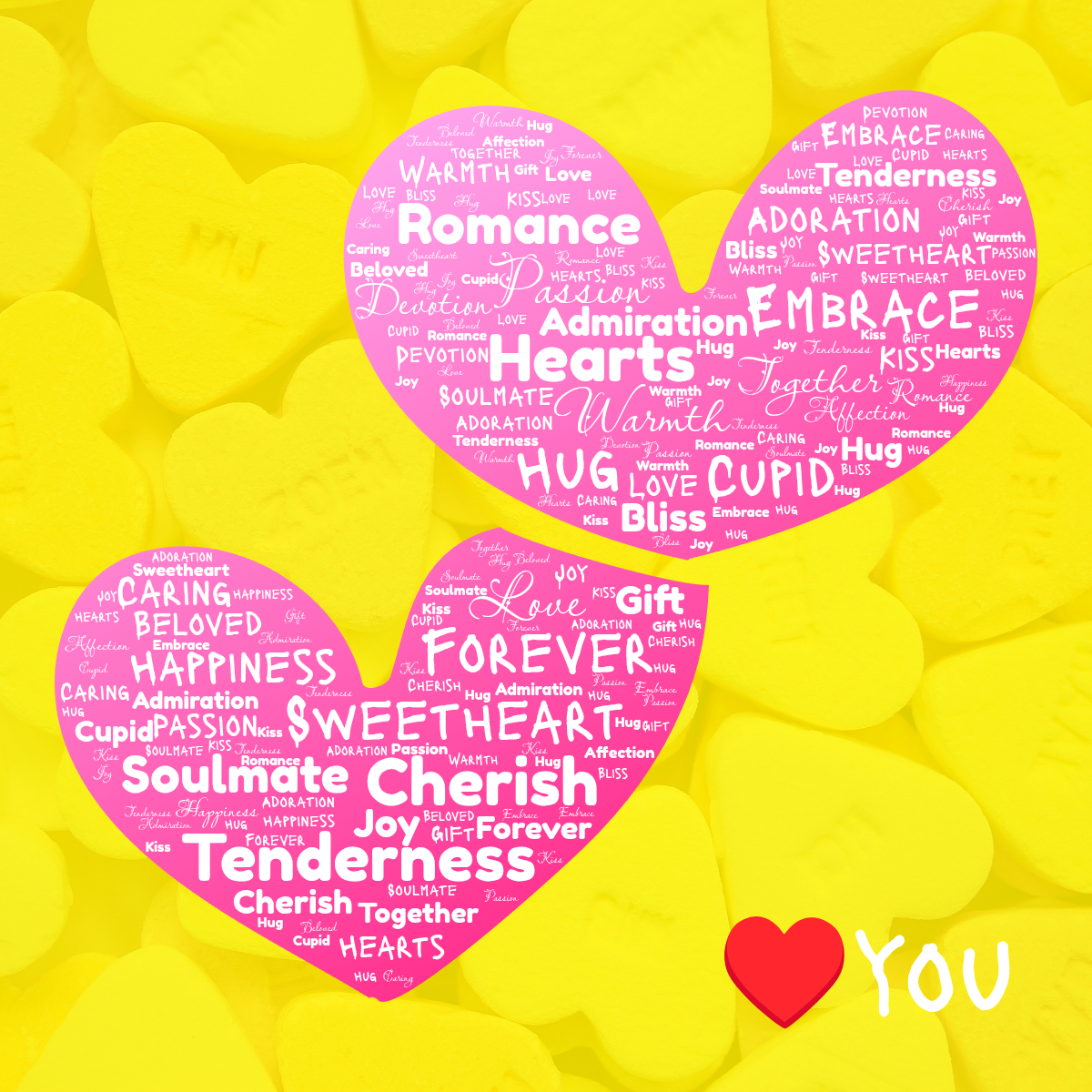 Word cloud in a Two Hearts shape with 25 words like Love, Hearts and Forever in white, purple and pink.