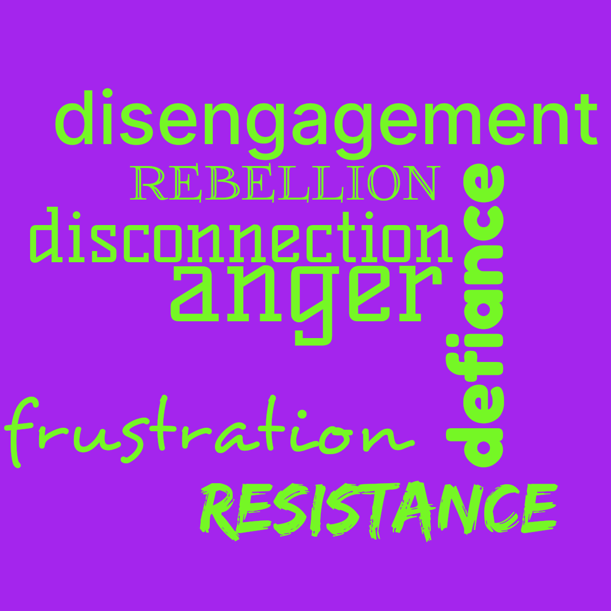 Word cloud with 7 words like anger, defiance and disconnection in bright green and purple.