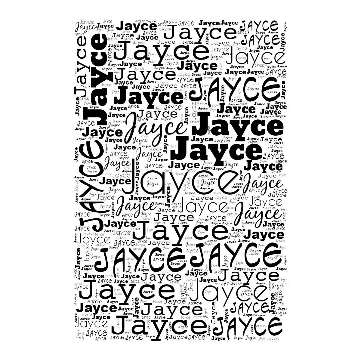 Word cloud in a Vertical Rectangle shape with 1 repeated word Jayce in black and white.