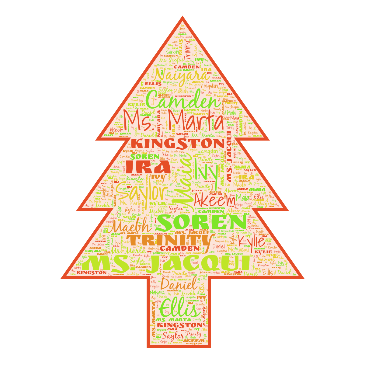 Word cloud in a Christmas Tree shape with 16 words like Akeem, Camden and Ellis in multicolor.