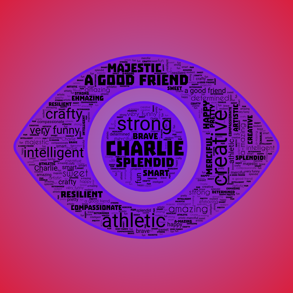 Word cloud in an Eye shape with 24 words like Charlie, creative and strong in multicolor.