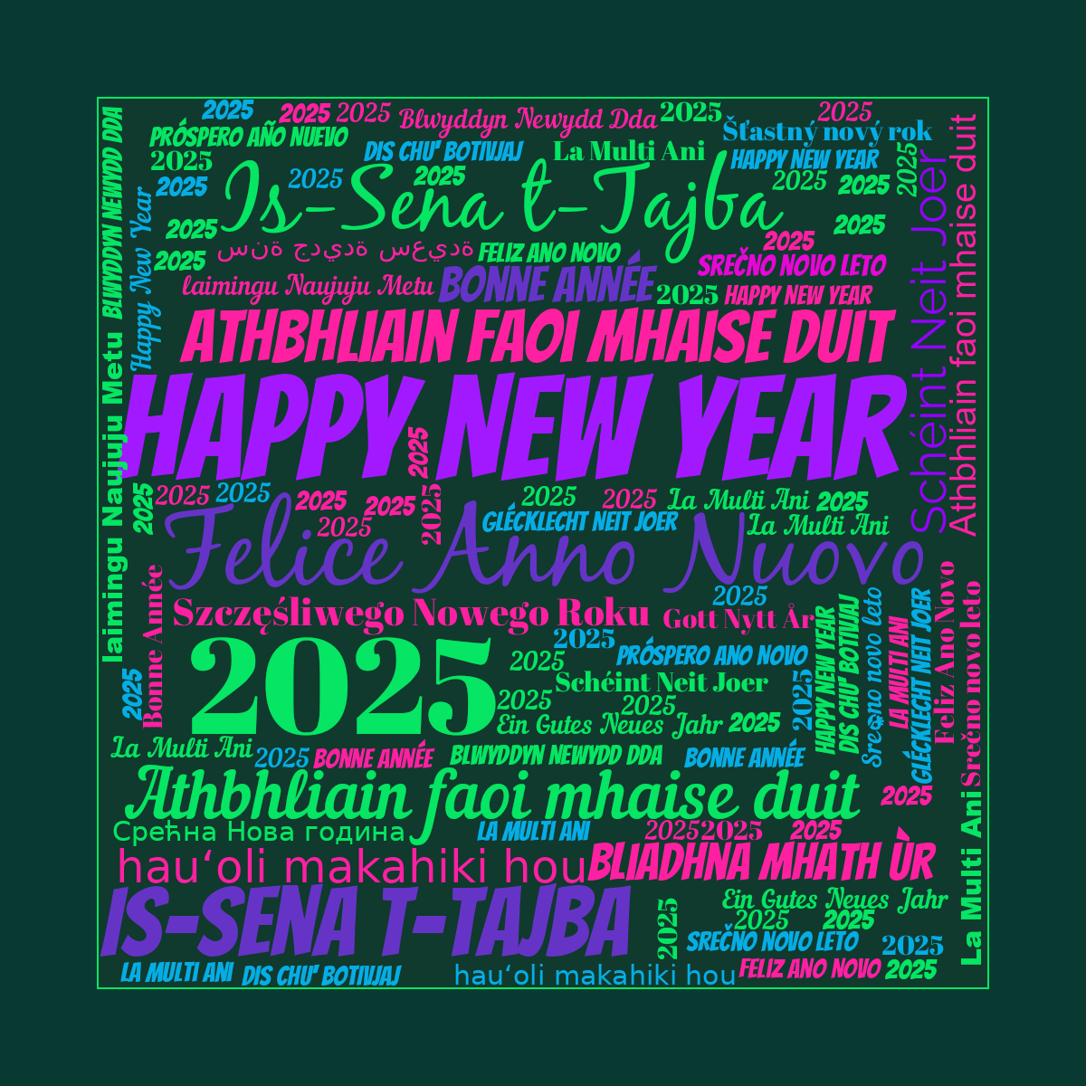 Word cloud in a Square shape with 27 words like Is-Sena t-Tajba, Felice Anno Nuovo and Happy New Year in green, blue and pink.