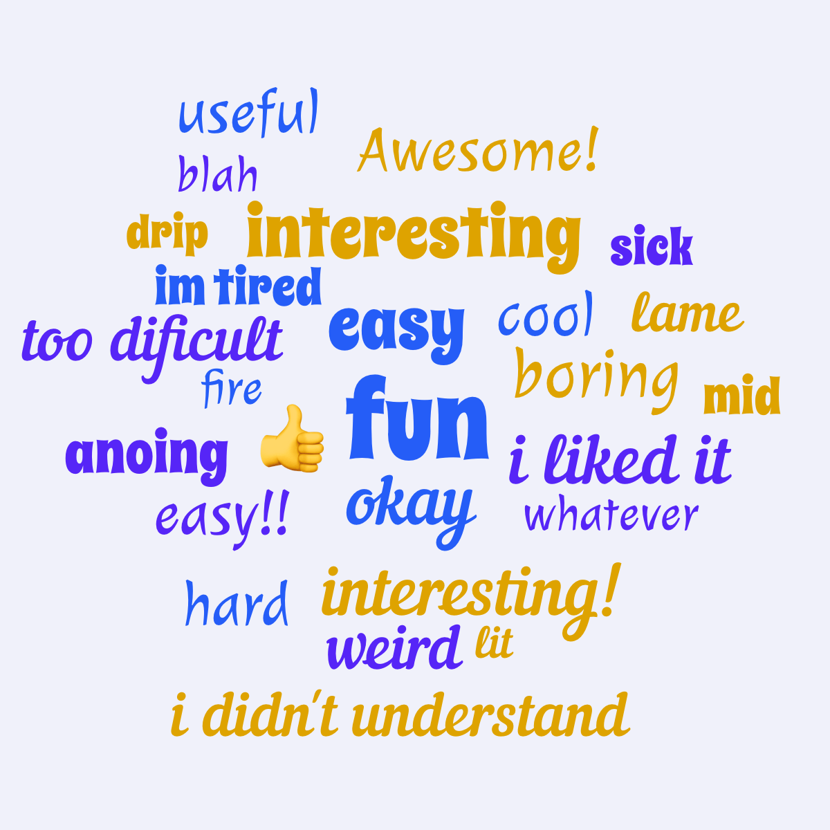 Collaborative word cloud with 26 words like fun, easy and 👍 in blue and orange.