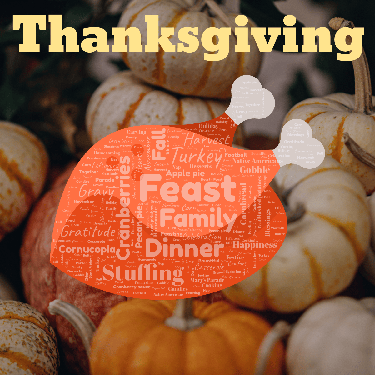 Word cloud in a custom shape with 57 words like Feast, Family and Dinner in light blue.