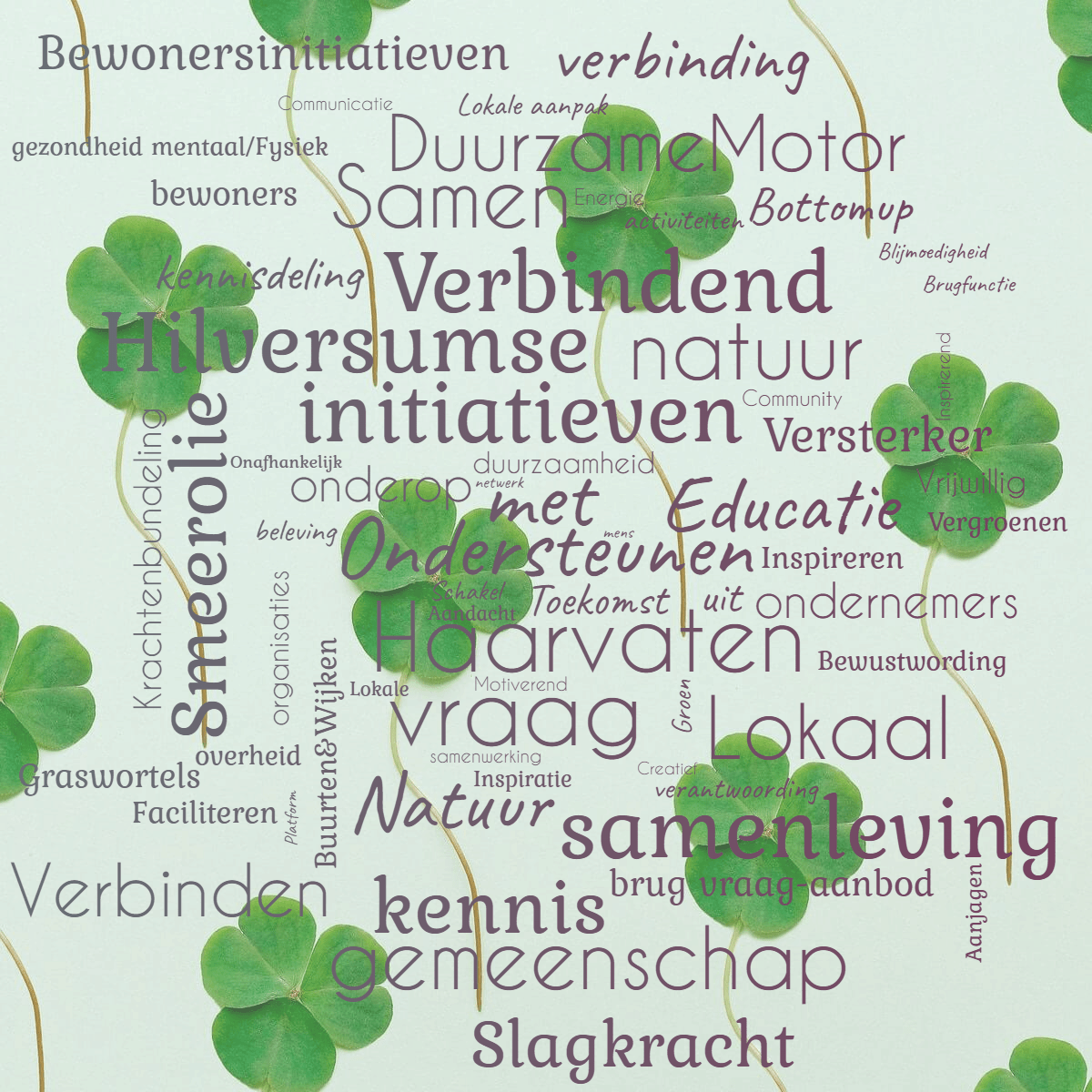 Word cloud with 65 words like bewoners, met and Verbindend in gray and pink.