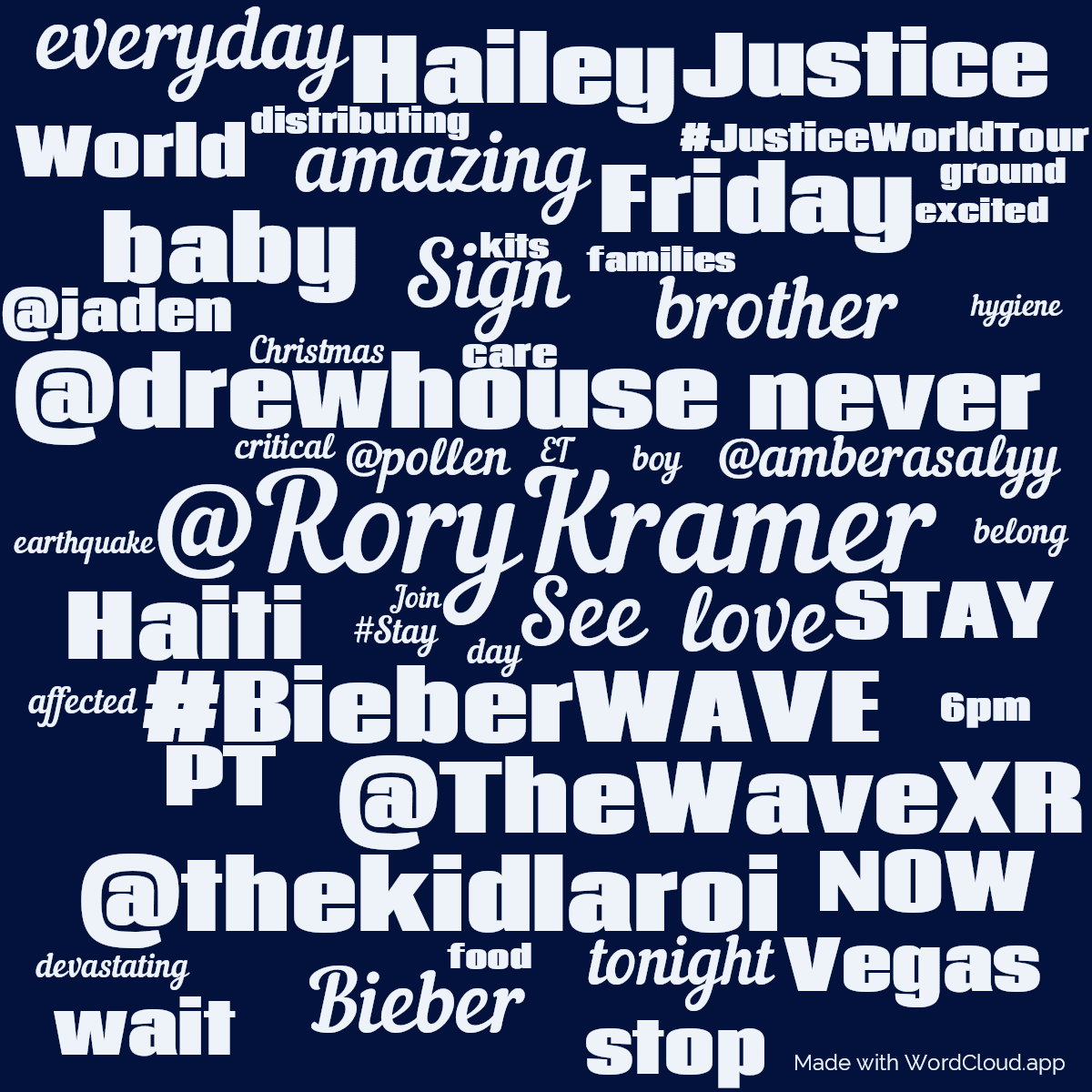 Word cloud with 50 words like @RoryKramer, See and @drewhouse in blue.