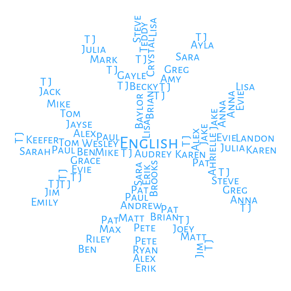 Word cloud in a Snowflake shape with 78 words like Donna, Karen and Rachel in blue.
