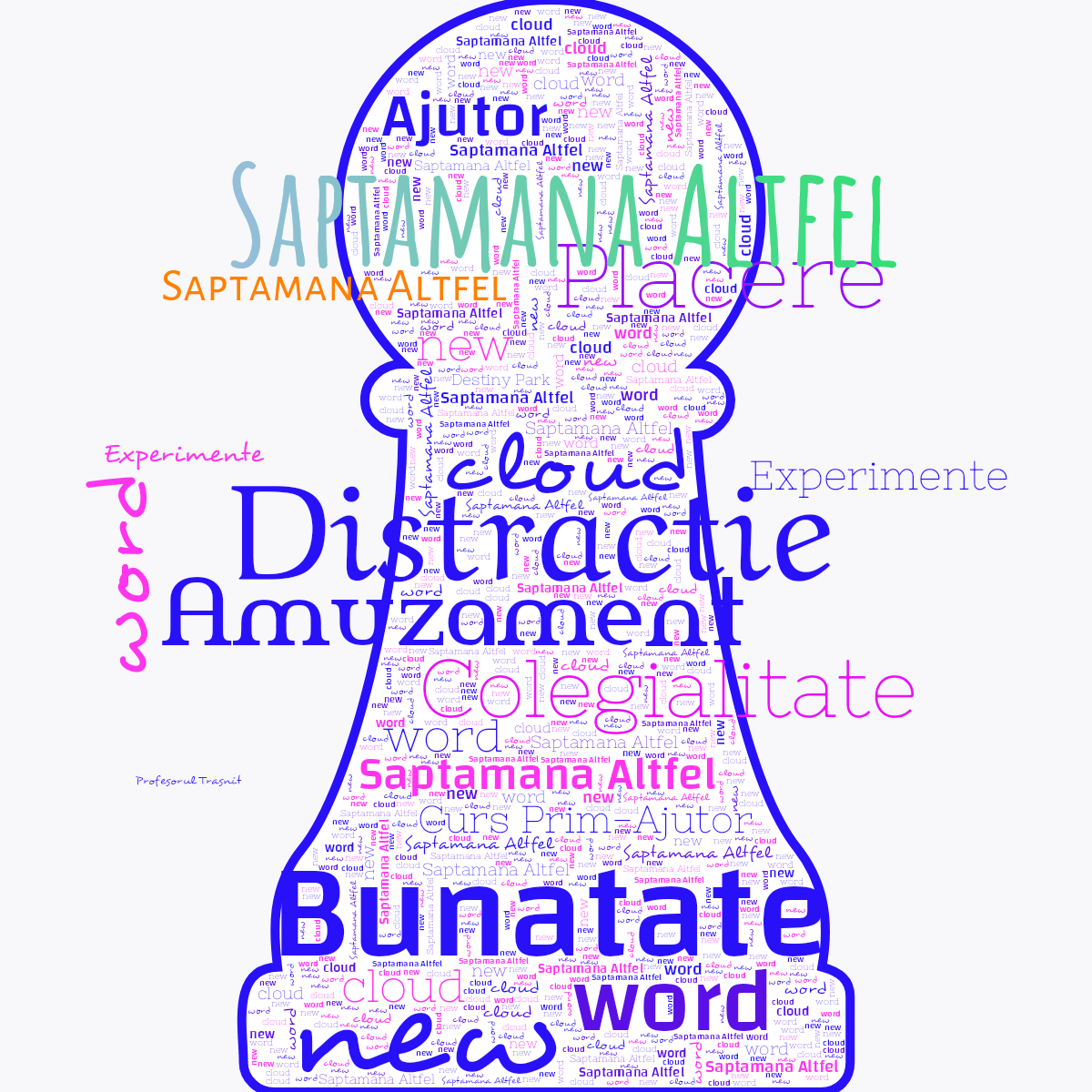Word cloud in a Chess Pawn shape with 4 words like new, word and cloud in blue, purple and white.