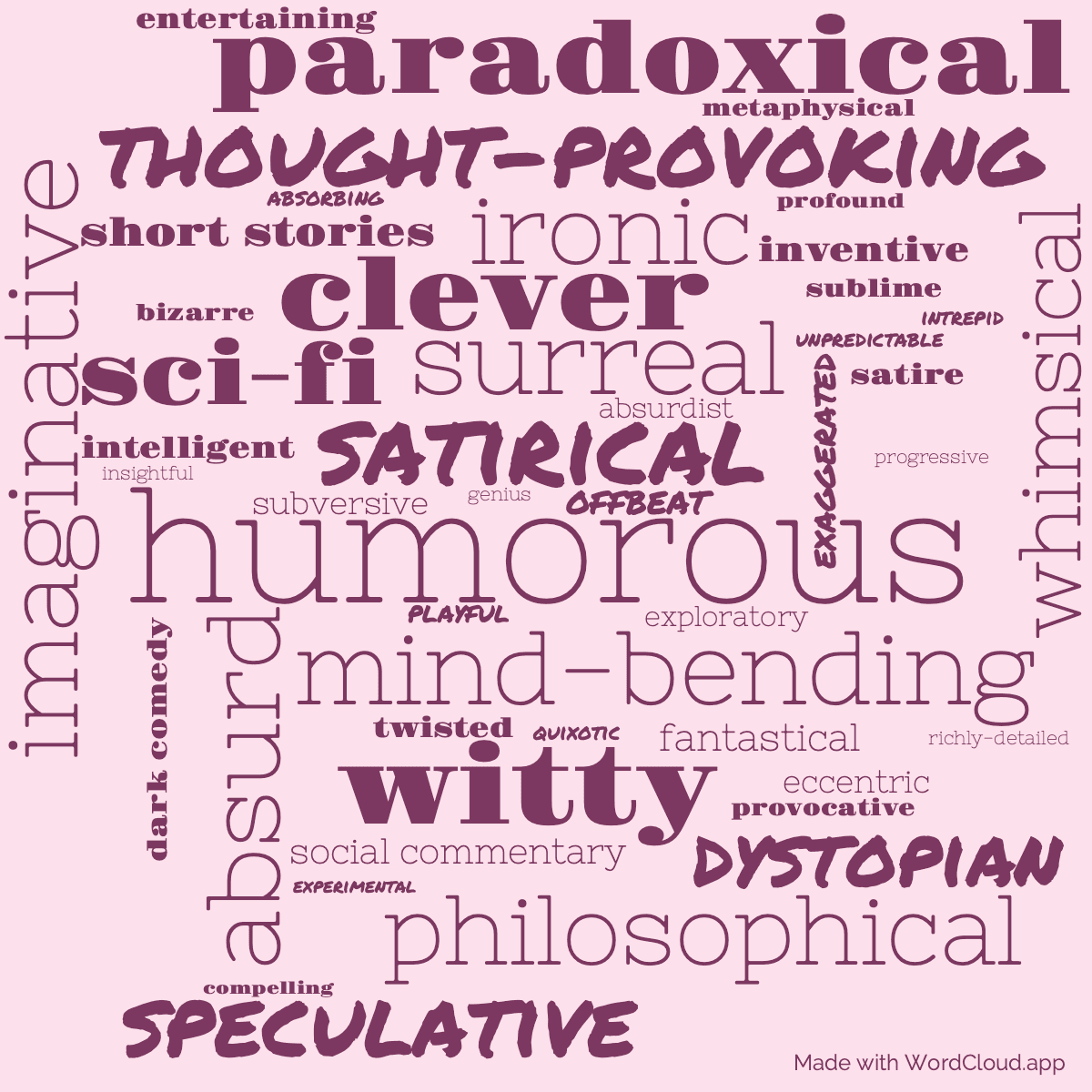 Word cloud of the book Store of the Worlds with 47 words like humorous, imaginative and satirical.