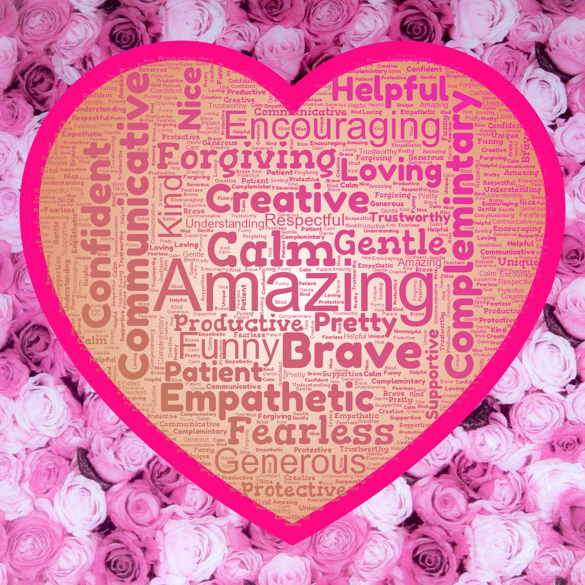 Word cloud in a Heart shape with 27 words like Amazing, Brave and Calm in multicolor.
