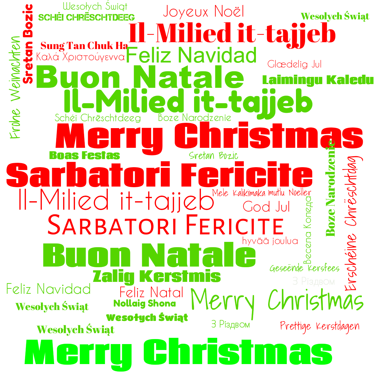 Word cloud with 31 words like Buon Natale, Sarbatori Fericite and Merry Christmas in green and red.