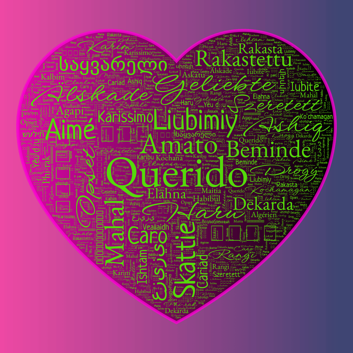 Word cloud in a Heart shape with 49 words like Querido, Haru and Amato in multicolor.