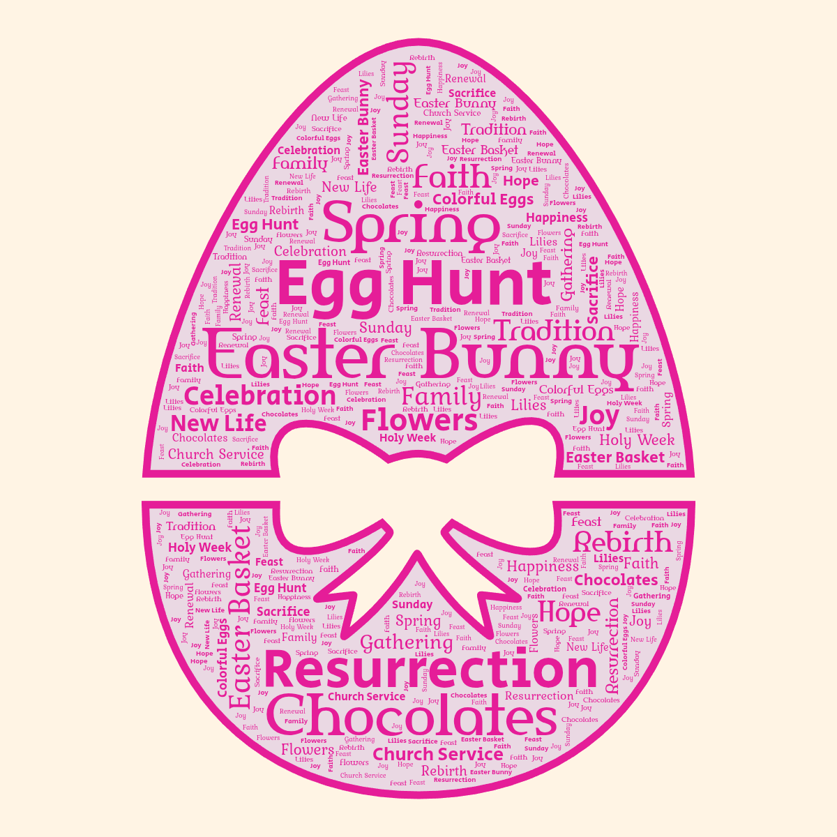 Word cloud in an Easter Egg shape with 25 words like Easter Bunny, Egg Hunt and Resurrection in pink and orange.