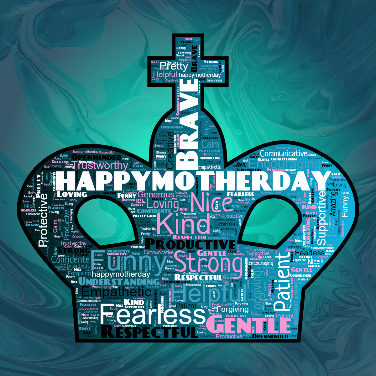 Word cloud in a Chess King shape with 28 words like happymotherday, Nice and Kind in multicolor.