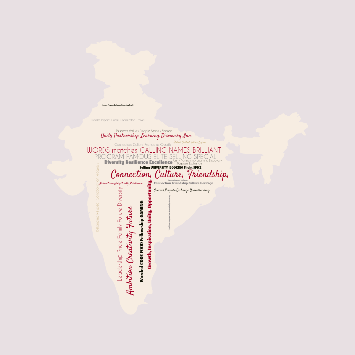 Collaborative word cloud in a custom shape with 23 words like Connection, Culture, Friendship, Growth, Inspiration, Unity, Opportunity, and Diversity Resilience Excellence in multicolor.