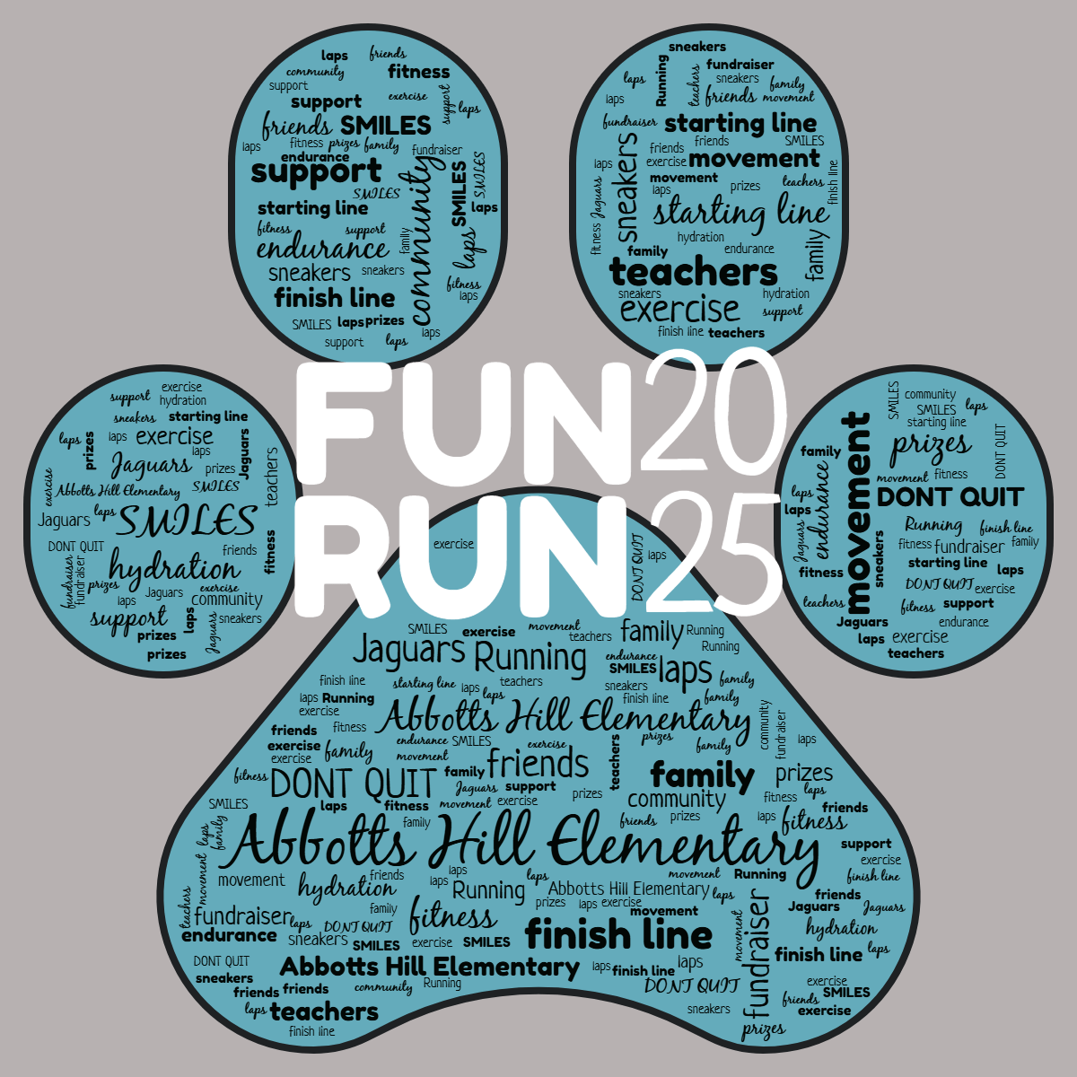 Word cloud in a Paw Print shape with 21 words like Abbotts Hill Elementary, Running and friends in black, gray and blue.