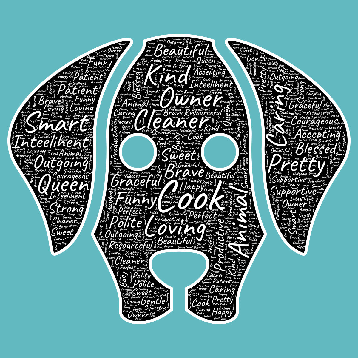 Word cloud in a Dog Face shape with 30 words like Cook, Cleaner and Animal in white, blue and black.