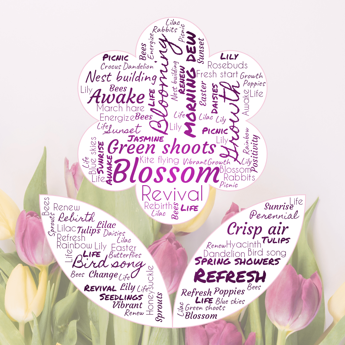 Word cloud in a Flower shape with 50 words like Blossom, Blooming and Green shoots in multicolor.