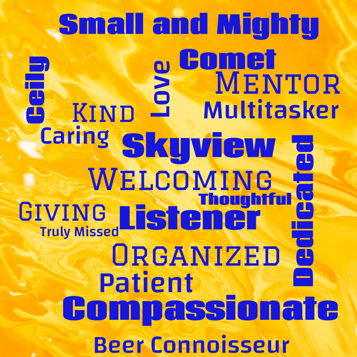 Word cloud with 19 words like Ceily, Dedicated and Skyview in bright blue.