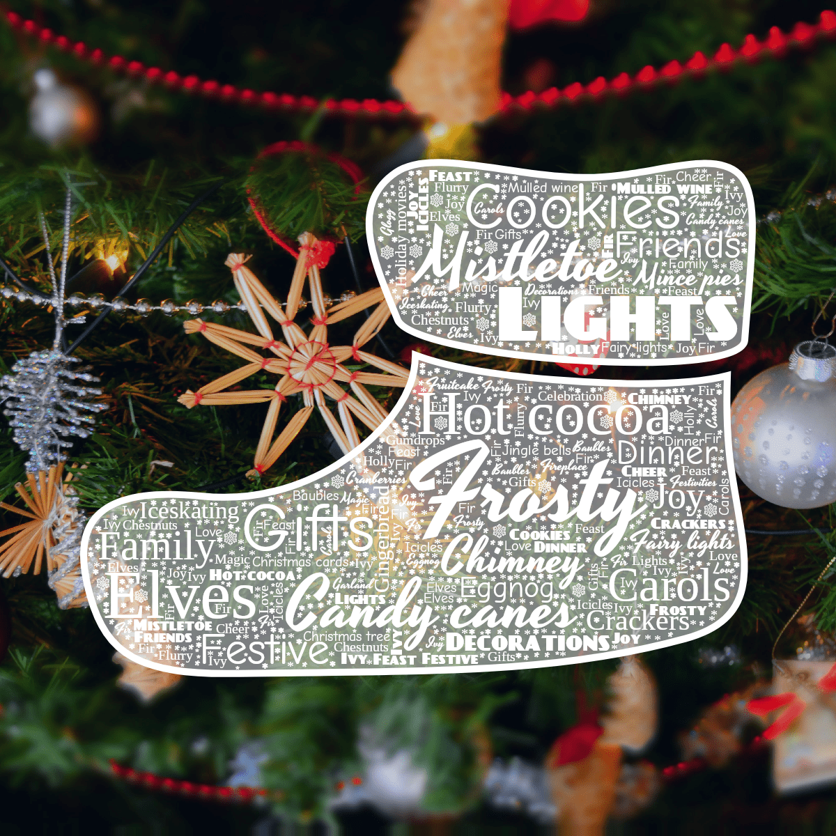 Word cloud in a Christmas Stocking shape with 52 words like Frosty, Gifts and Mistletoe in white.