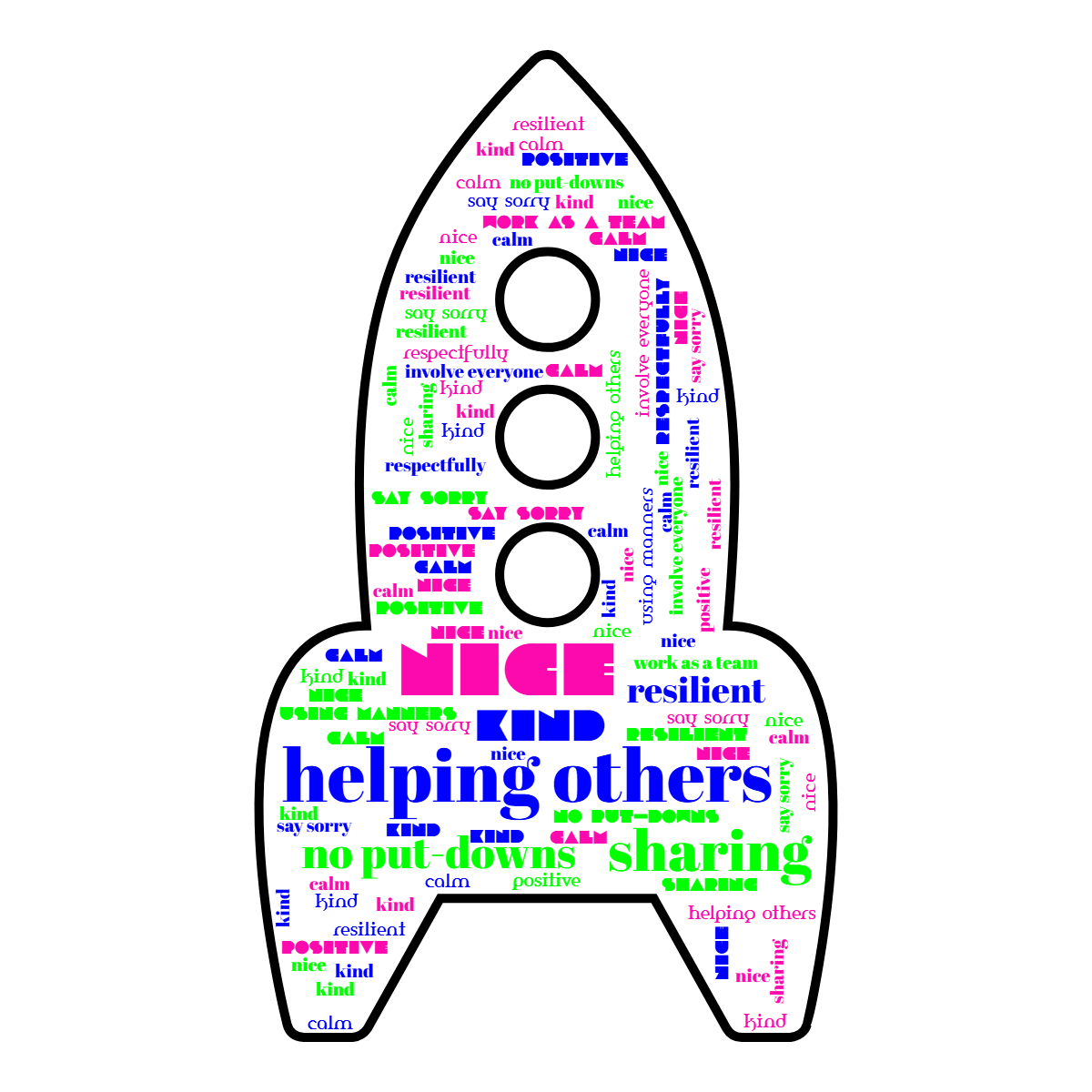 Word cloud in a Rocket shape with 16 words like helping others, nice and sharing in blue, pink and black.