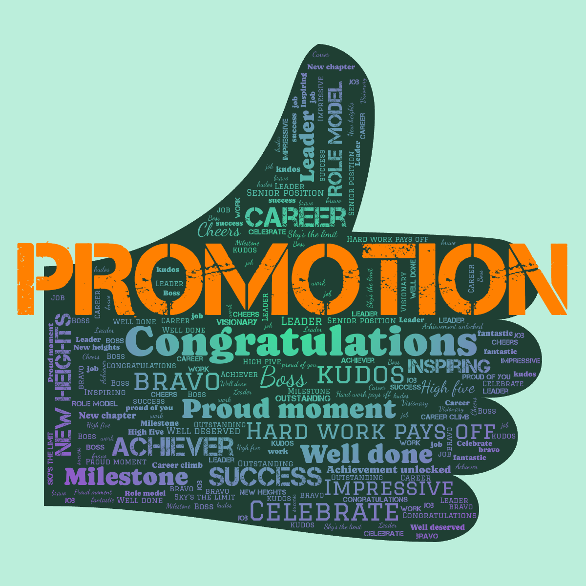 Word cloud in a Thumbs Up shape with 32 words like Congratulations, Career and Boss in green and purple.
