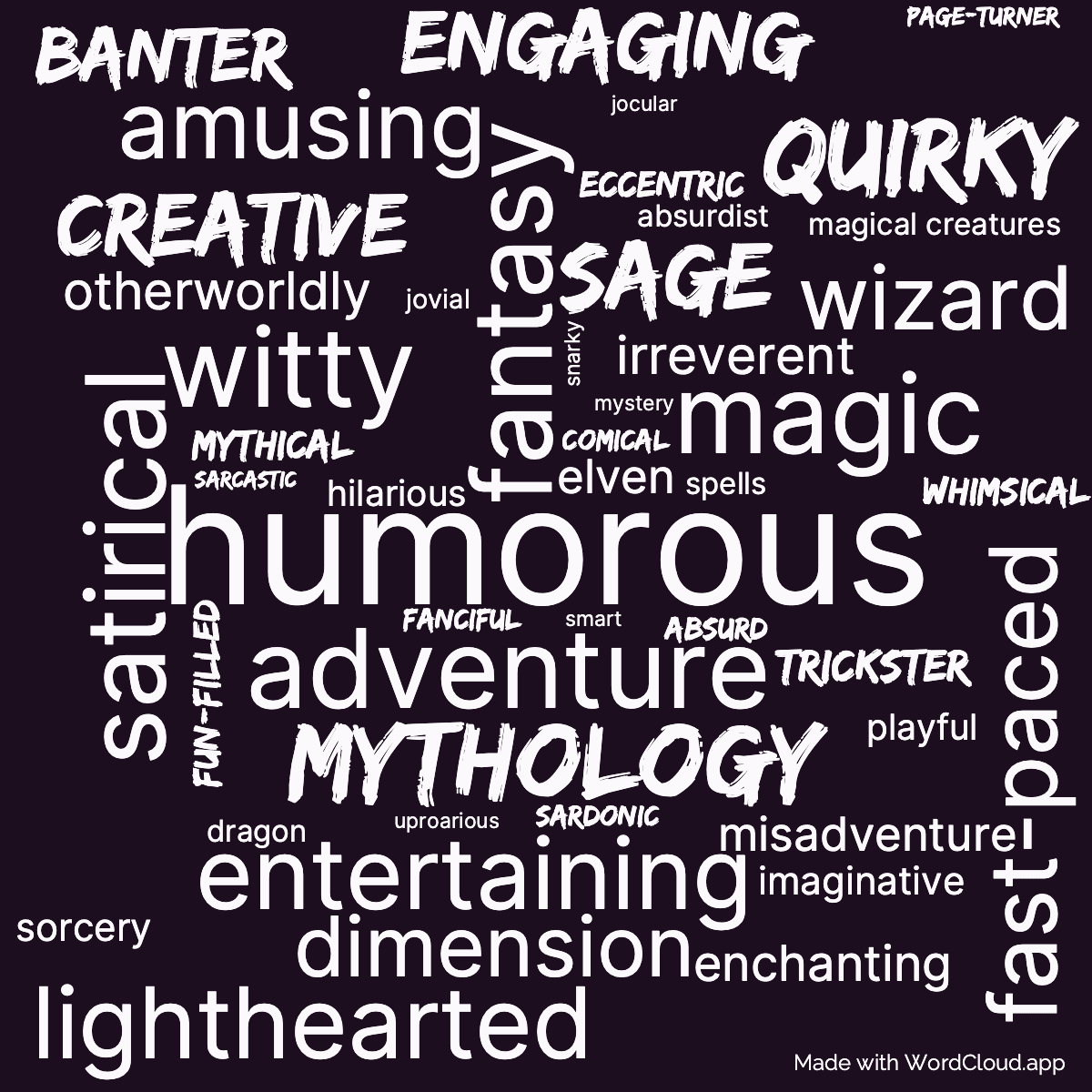 Word cloud of the book Another Fine Myth with 48 words like humorous, fantasy and adventure.