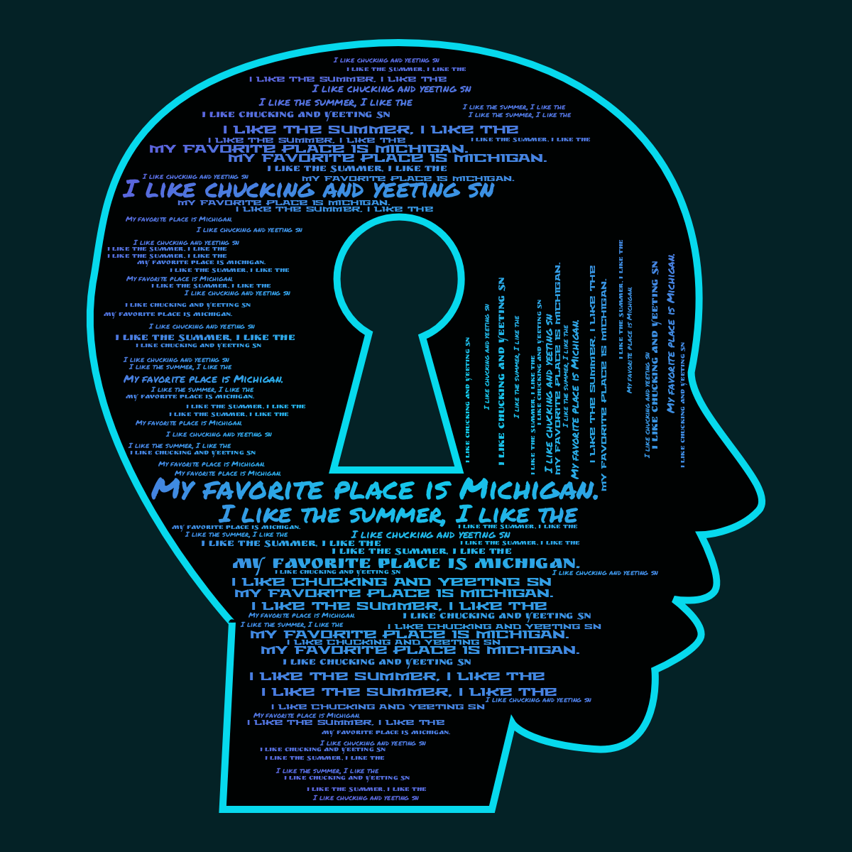 Word cloud in a Face With Keyhole shape with 3 repeated words like My favorite place is Michigan., I like chucking and yeeting sn and I like the summer, I like the in blue, purple and black.