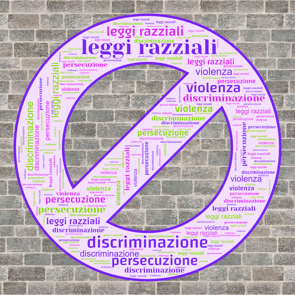 Word cloud in a Forbidden Sign shape with 4 words like leggi razziali, discriminazione and persecuzione in purple and green.