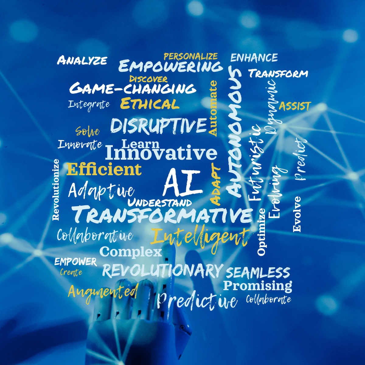 Word cloud with 41 words like AI, Innovative and Transformative in white, yellow and blue.
