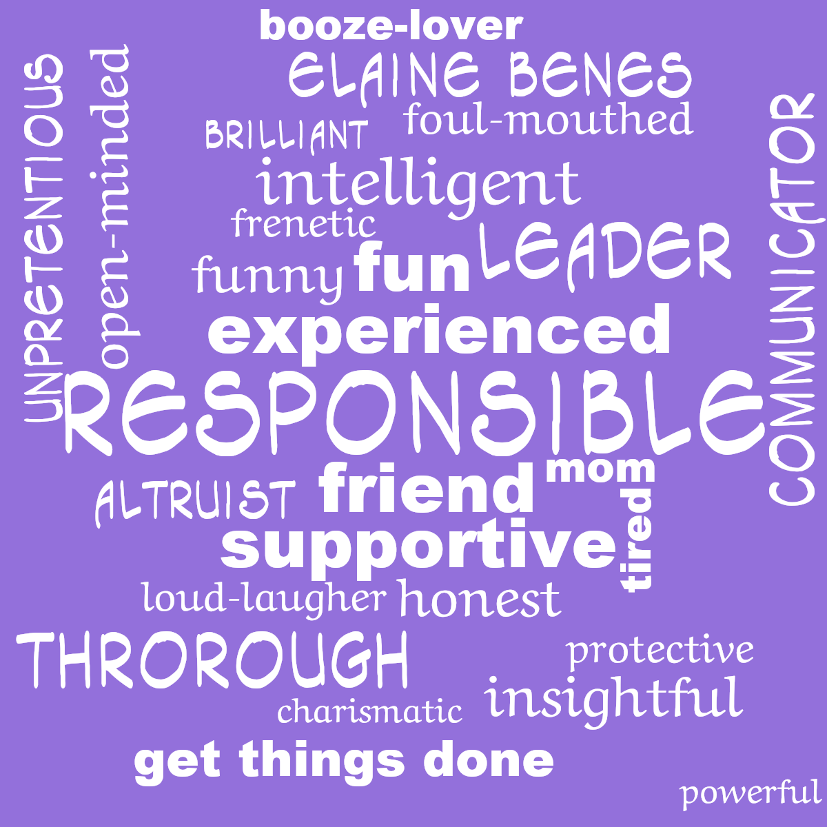 Word cloud with 27 words like responsible, experienced and friend in white and purple.