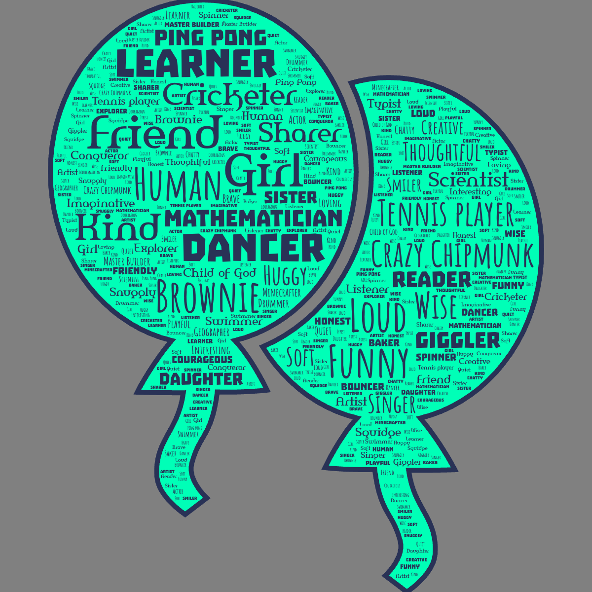 Word cloud in a Balloon shape with 54 words like Drummer, Friend and Daughter in blue, gray and green.