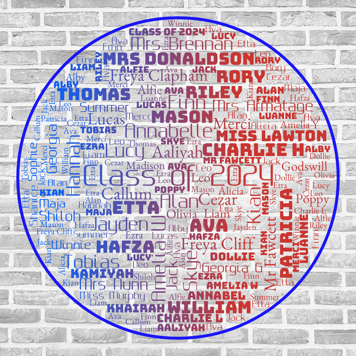 Word cloud in a Circle shape with 61 words like Class of 2024, Aaliyah and Alan in bright blue and red.