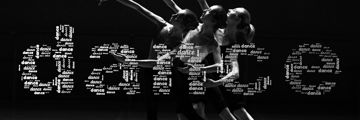 Word cloud in the shape of the word dance with 1 repeated word dance in white and gray.