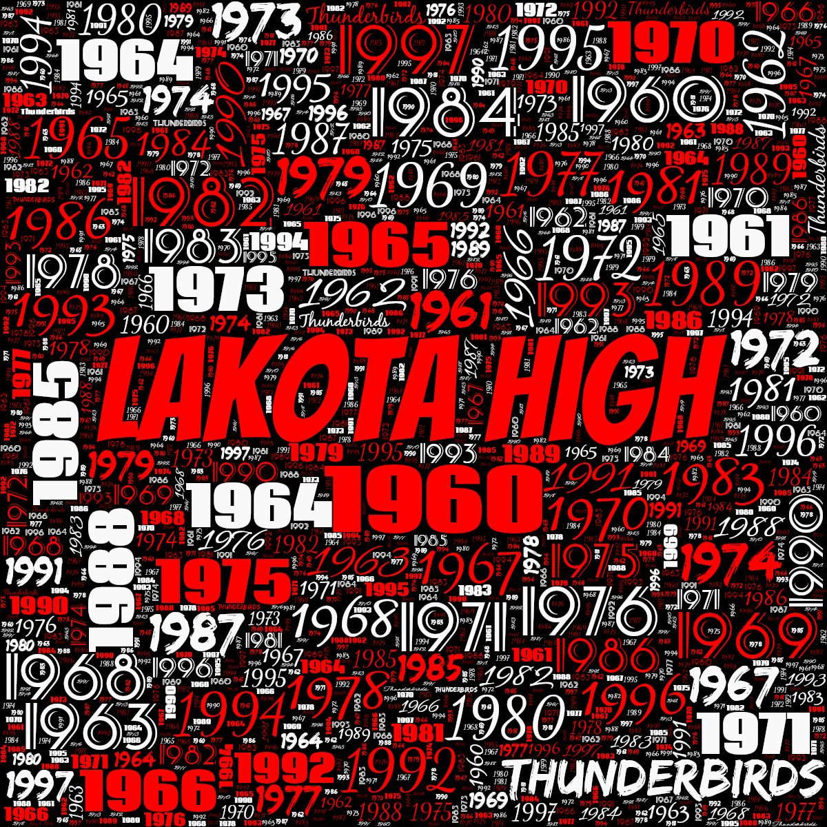 Word cloud with 39 words like 1960, 1961 and 1962 in red, white and black.