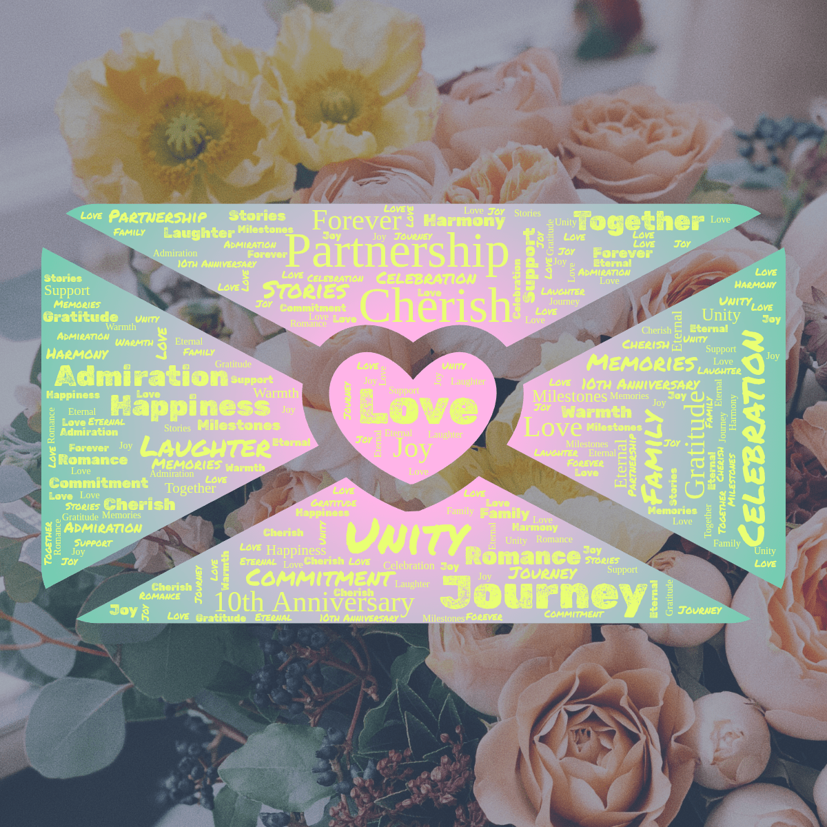 Word cloud in a Love Letter shape with 24 words like Love, 10th Anniversary and Together in green and purple.