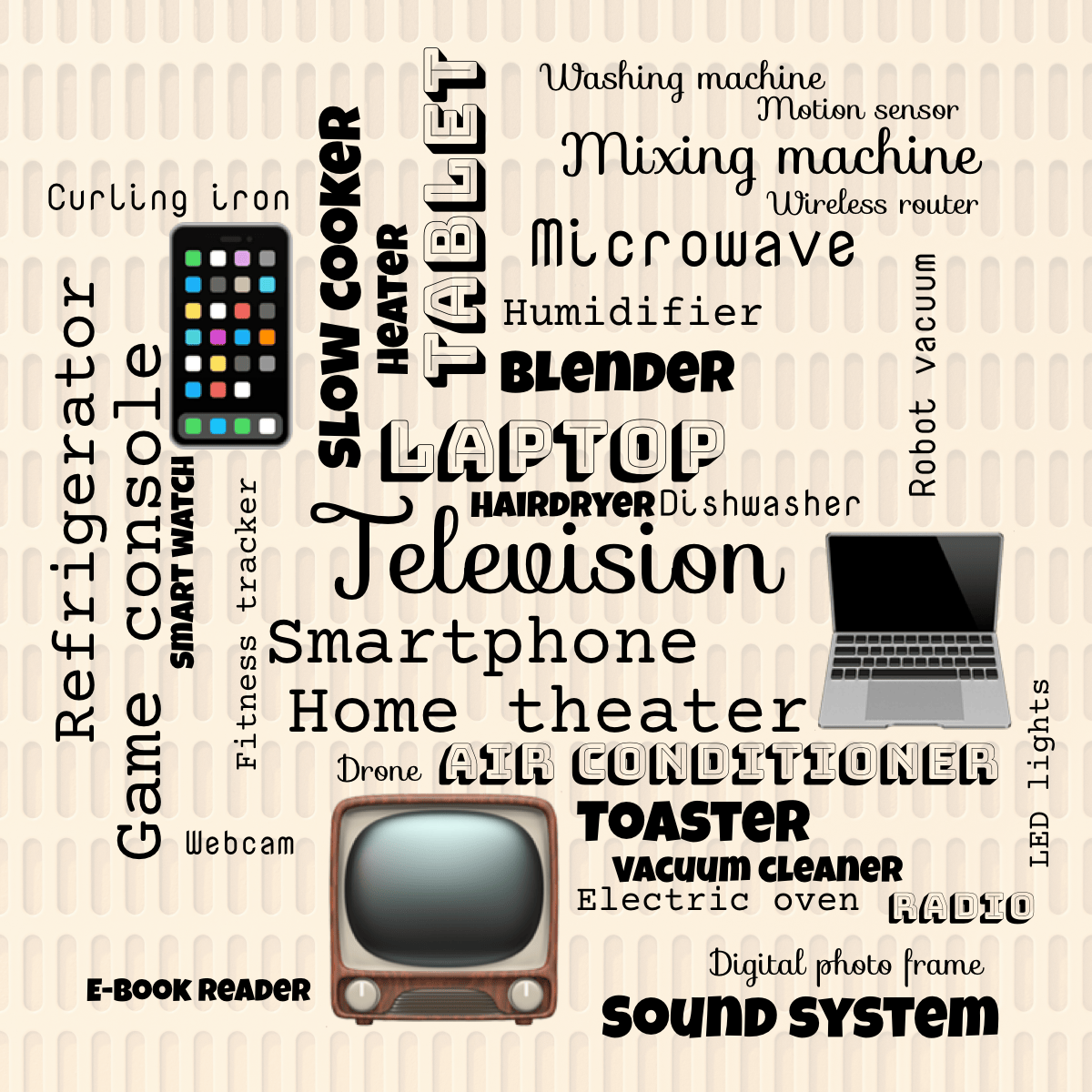 Word cloud with 41 words like Television, Laptop and Smartphone in black.