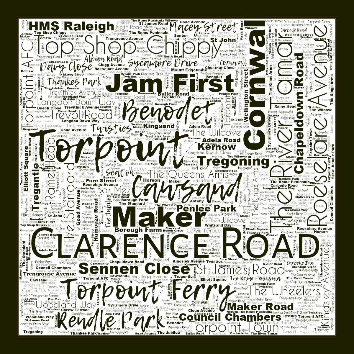 Word cloud in a Square shape with 74 words like Rame Head, Torpoint Ferry and Antony in black, white and yellow.