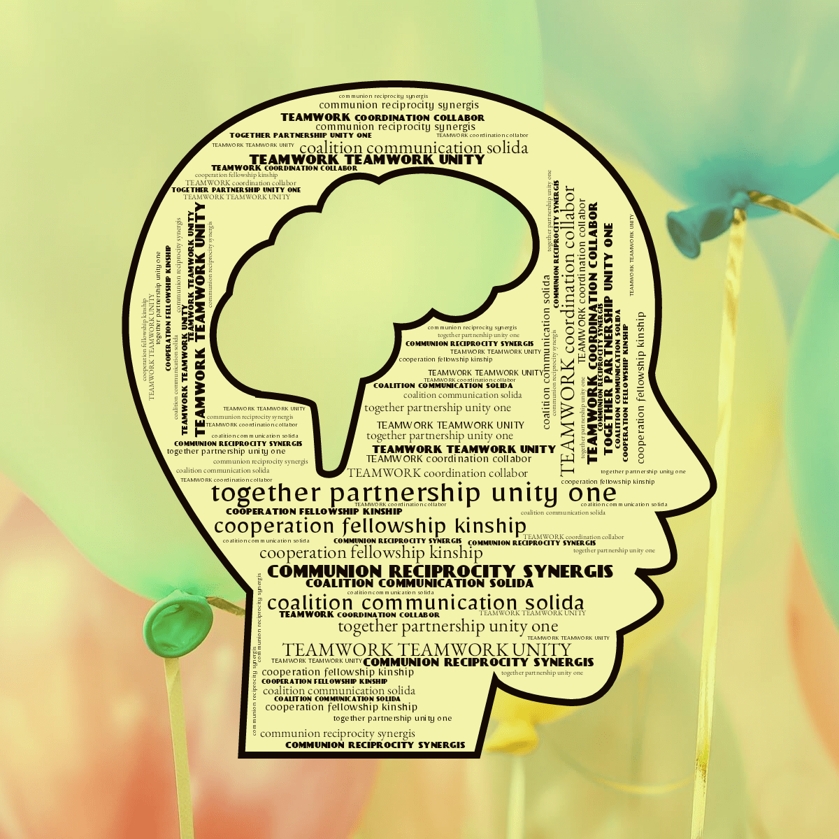 Word cloud in a Brain Head shape with 6 words like together partnership unity one, cooperation fellowship kinship and coalition communication solida in black and yellow.