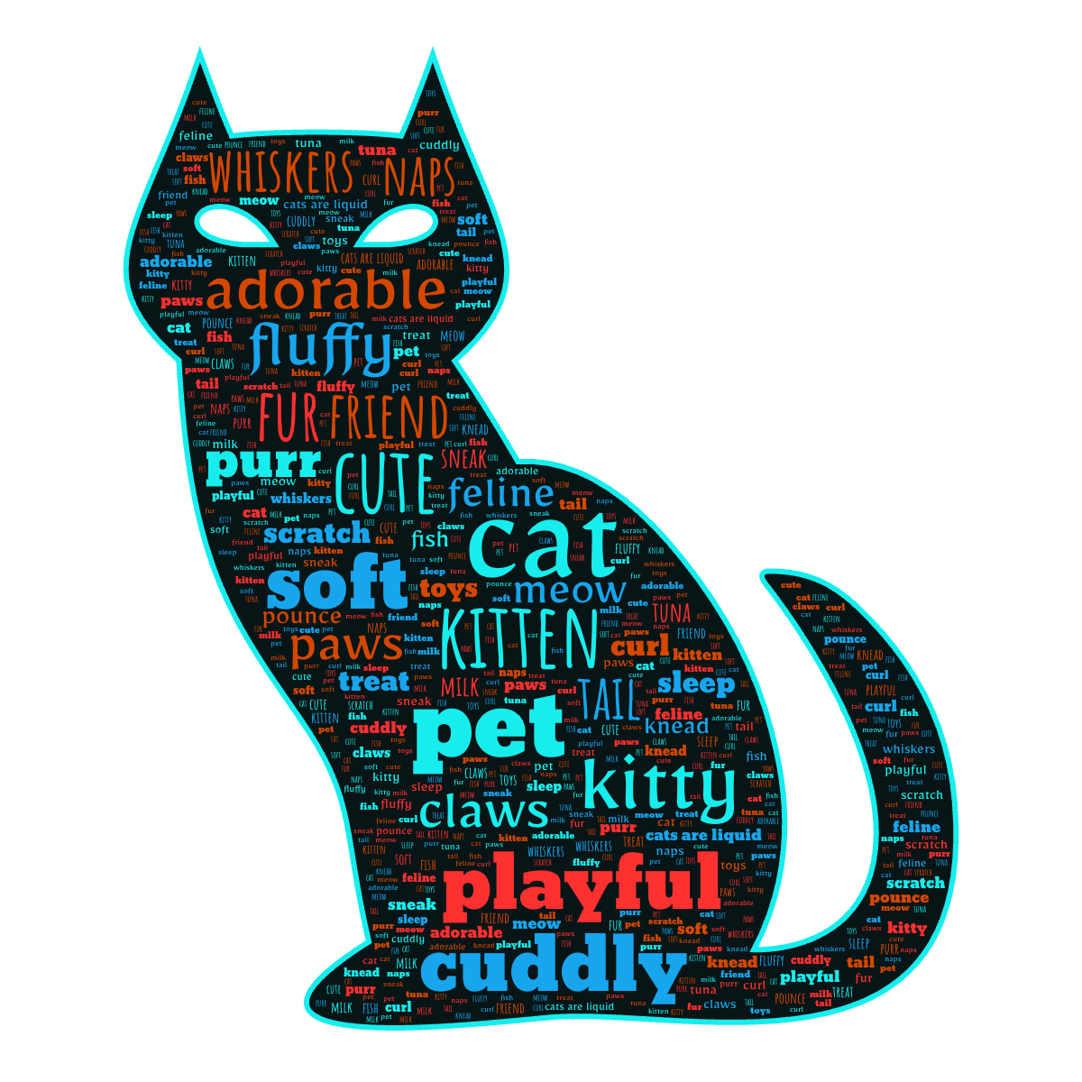 Word cloud in a Cat shape with 32 words like cat, kitten and cute in multicolor.
