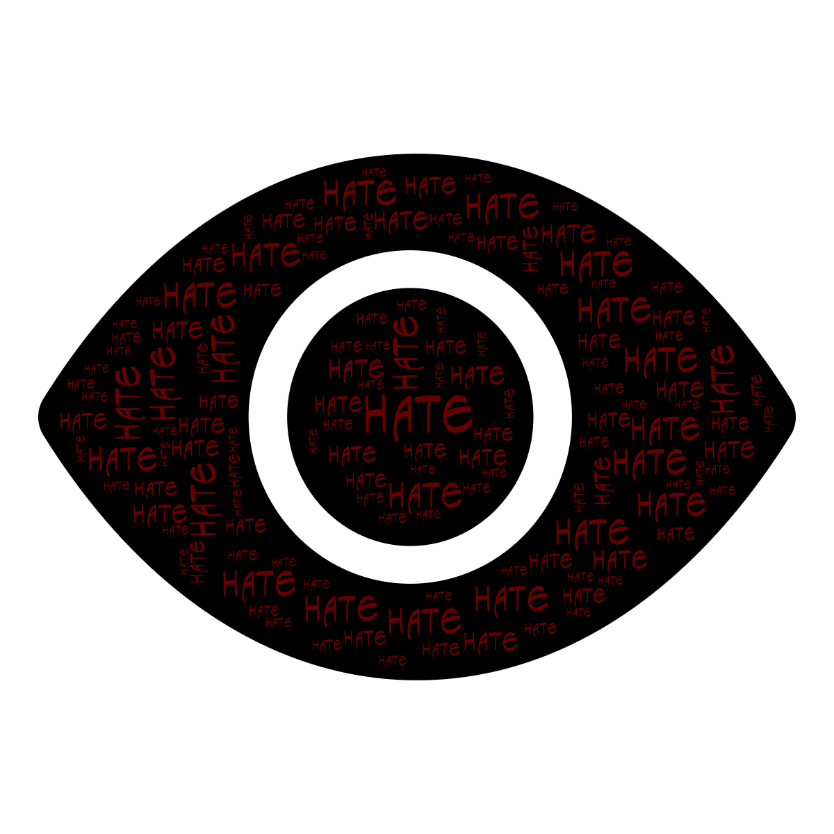 Word cloud in an Eye shape with 1 repeated word HATE in red and black.