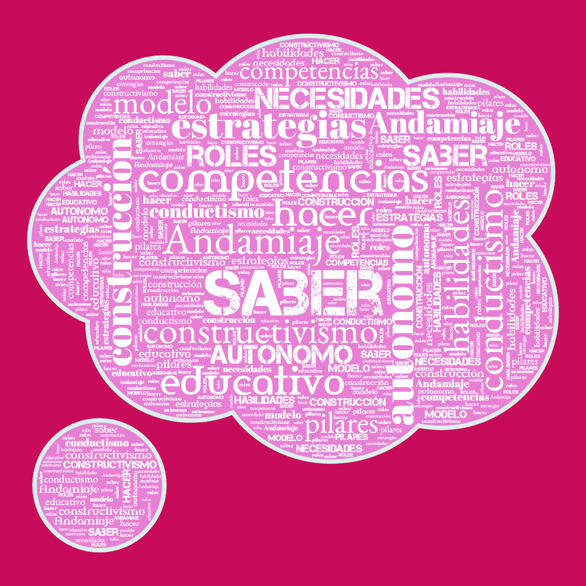 Word cloud in a Thought Bubble shape with 15 words like saber, Andamiaje and autonomo in multicolor.