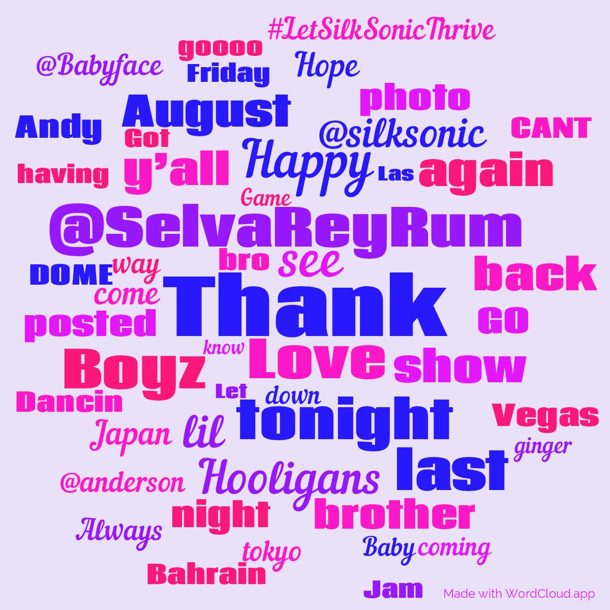 Word cloud with 50 words like Thank, Love and @SelvaReyRum in blue, purple and pink.