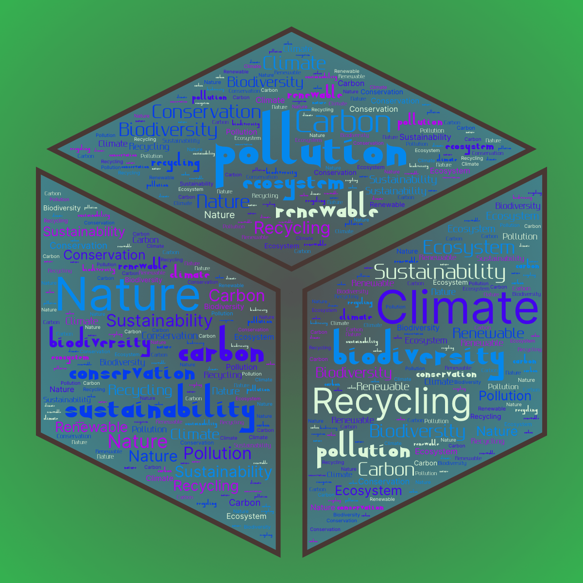 Word cloud in a Cube shape with 10 words like Pollution, Biodiversity and Carbon in multicolor.