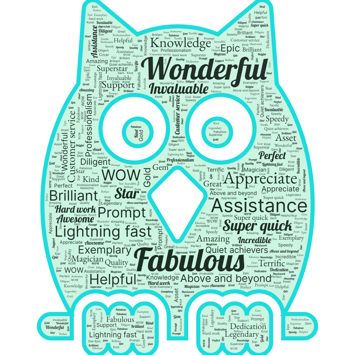 Word cloud in an Owl shape with 38 words like Wonderful, Assistance and Helpful in green, purple and blue.