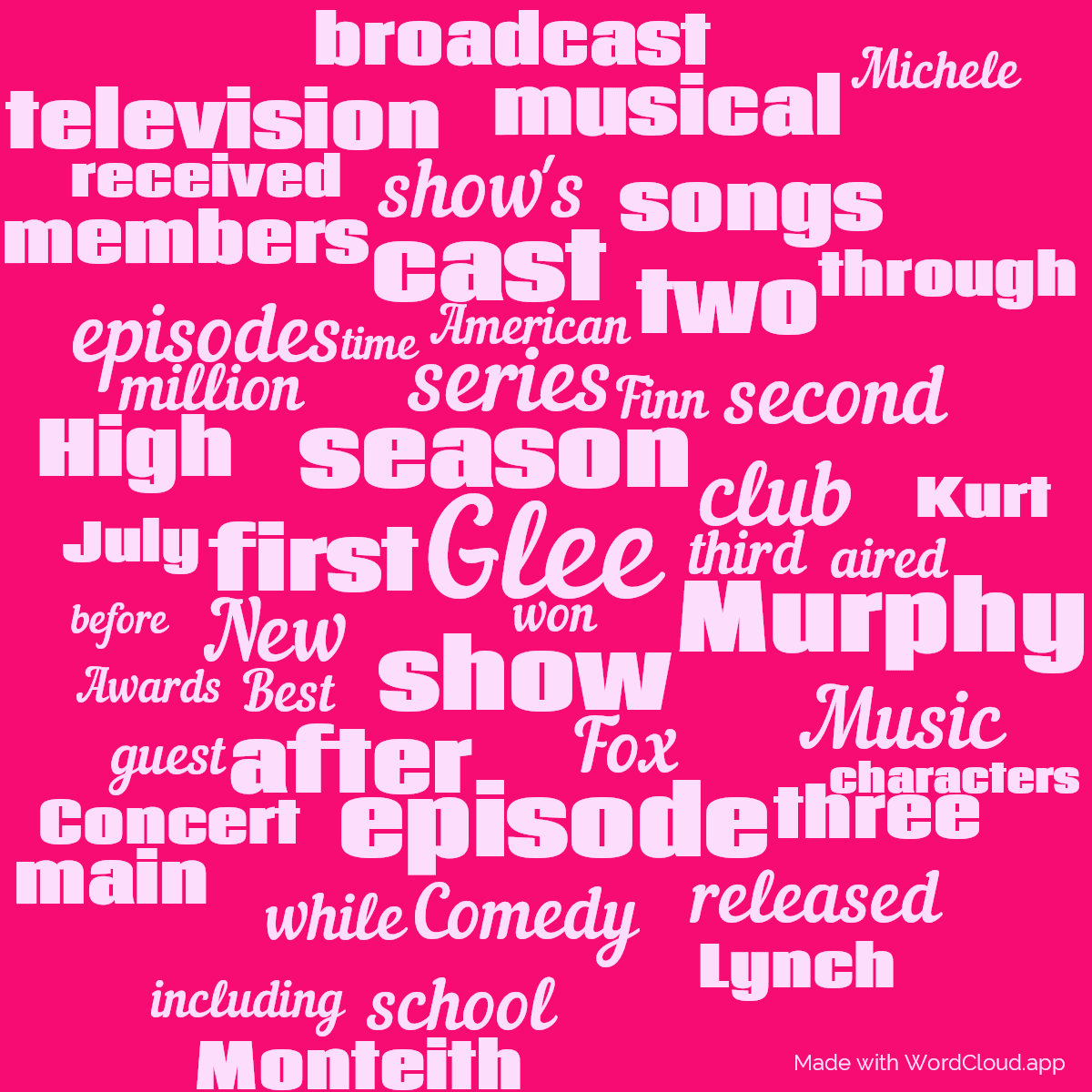 Word cloud with 50 words like Glee, season and show in purple and pink.