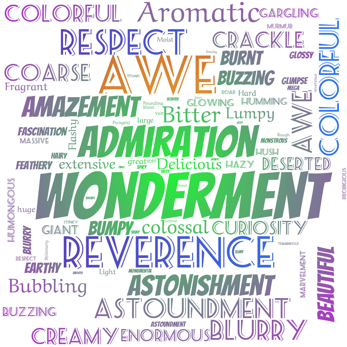 Word cloud with 78 words like admiration, amazement and Aromatic in green, purple and white.