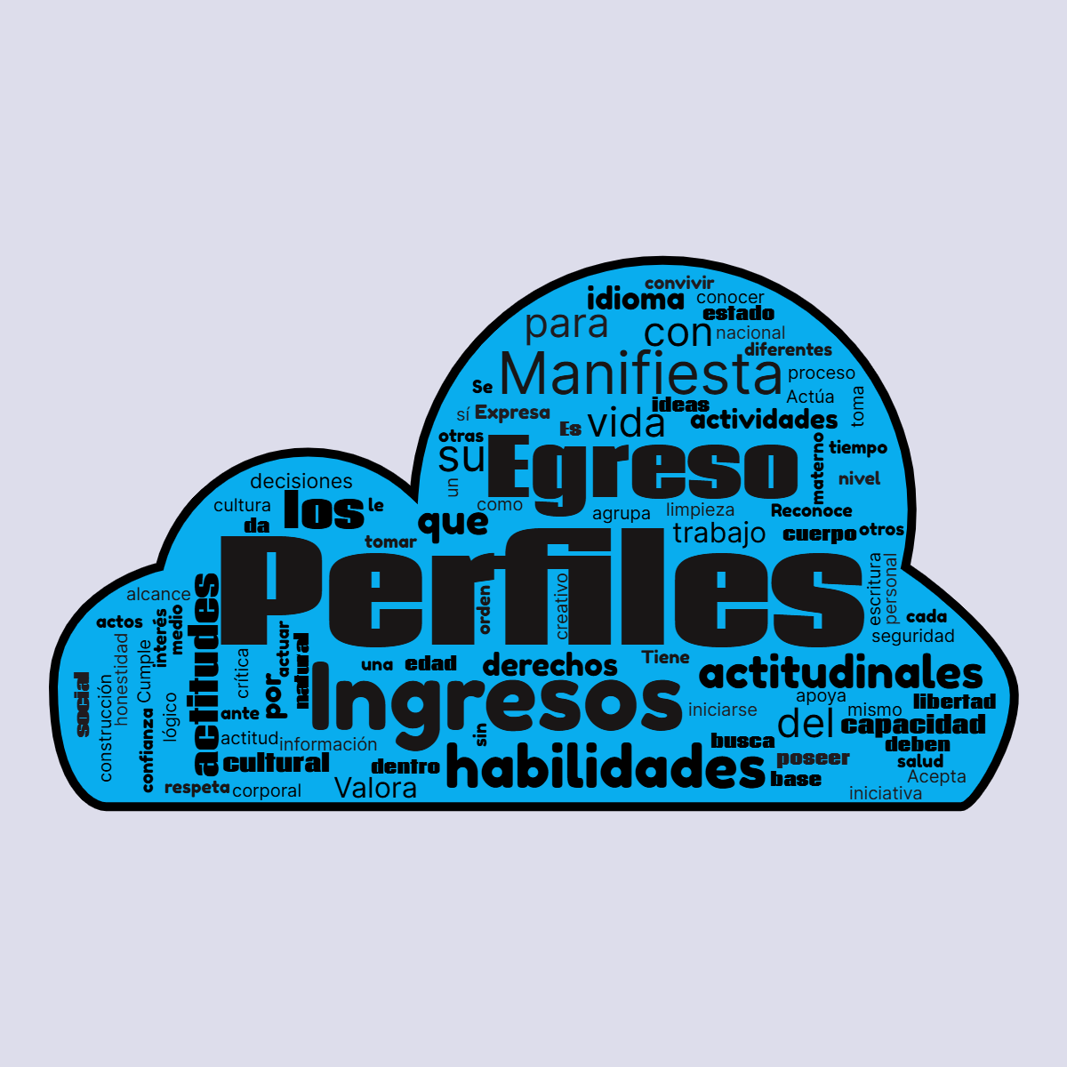 Word cloud in a Cloud shape with 162 words like Perfiles, Ingresos and Egreso in gray, black and blue.